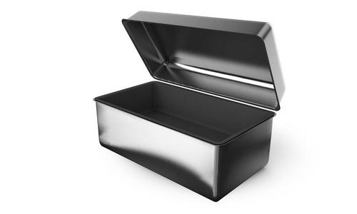 不锈钢或锡金属发亮的银盒容器,手柄隔离在白色背景上,用于模拟和包装