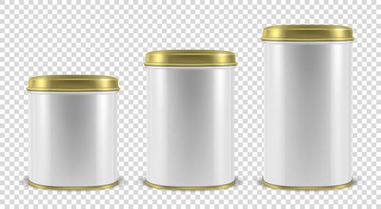 矢量逼真的3d 白色空白金属锡罐头容器设置特写镜头查出的透明背景.